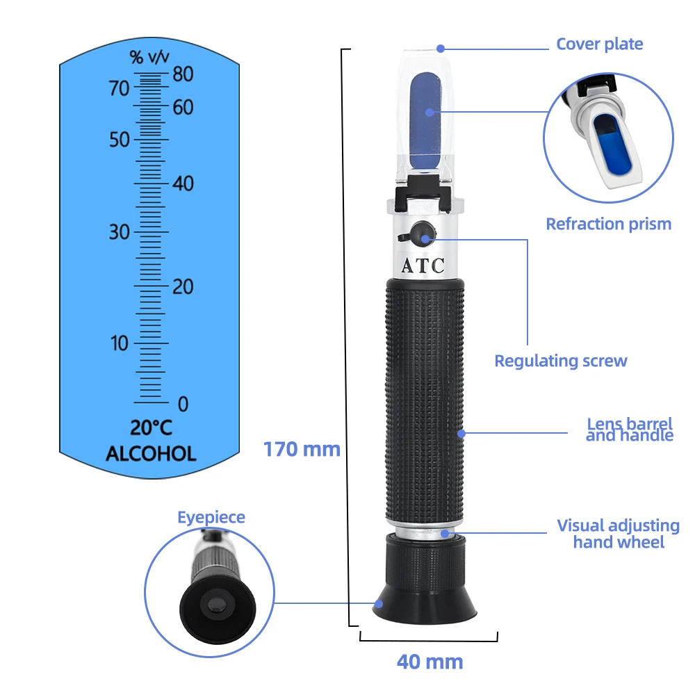 مقياس انكسار الكحول 0-80% جهاز اختبار معنويات البيرة المحمول مقياس تركيز الكحول جهاز قياس دليل قابل للتعديل ATC