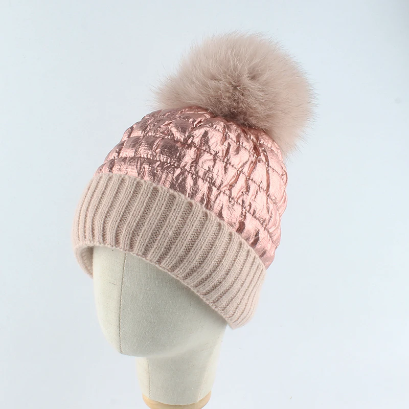 Fox Fur Pompom Beanie Mother Baby Winter Hats For Women Warm Knitted Beanies Cap Real Fur Pompon Hat Bonnet 4