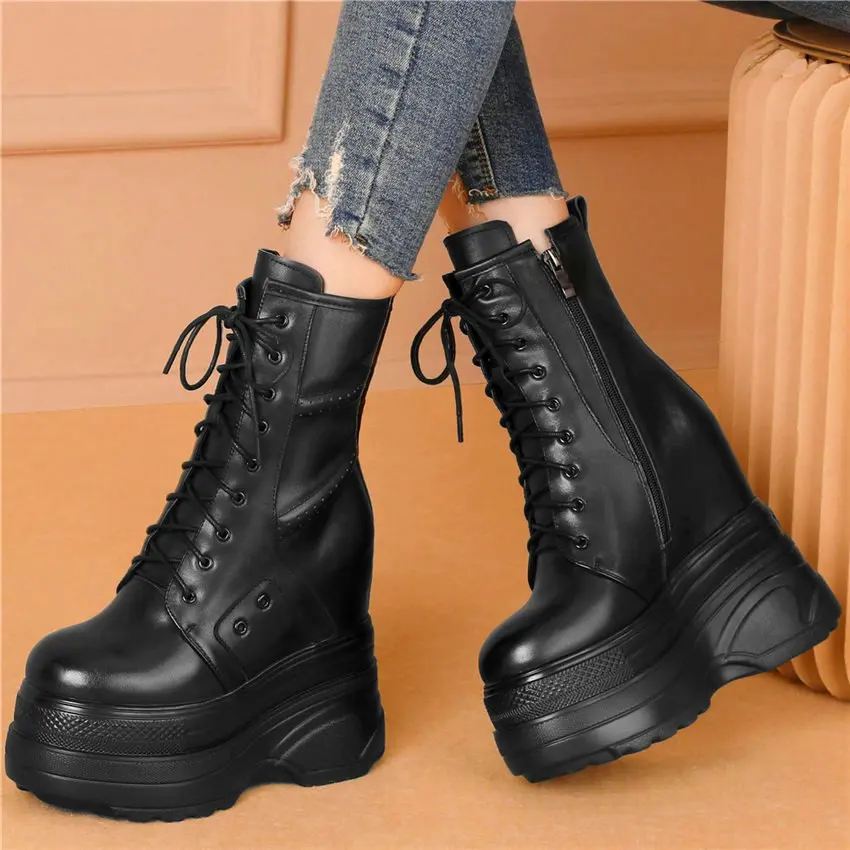 Huge High Heel Platform Ankle Boots Women Genuine Leather Round Toe Creepers Thick Sole Oxfords Party Pumps Punk Goth