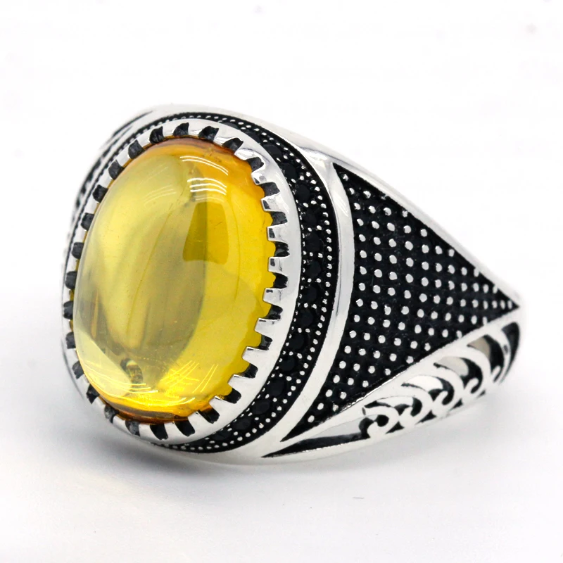 New S925 sterling silver natural zircon men's ring, yellow zircon Turkish gemstone ring, men's jewelry