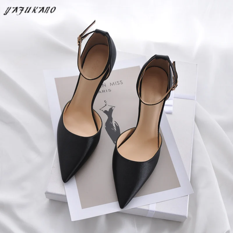 Silk Satin Mid Hollow High Heels Pointed Toe Sexy Single Shoes Thin Heels One-Word Buckle Women Shoes Champagne Lady Pumps 32 33