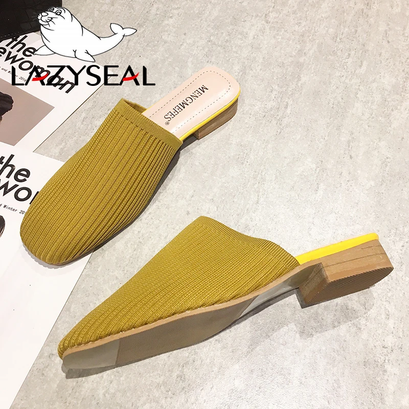 LazySeal Women Mules Knit Fabric Slippers Med Chunky Heel Casual Summer Stretch Fabric Heels Sandals Women Slides Pumps 3 CM