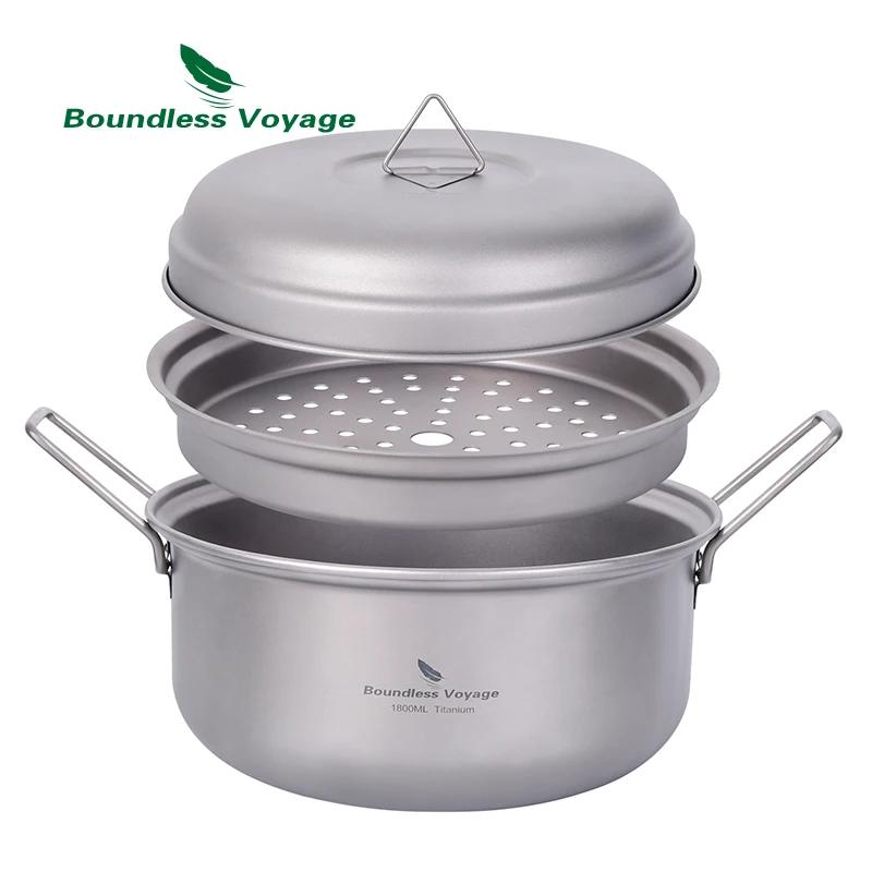 Boundless Voyage Camping Titanium Steamer Stockpot Set with Lid Outdoor Tea Tray Soup Pot Pan Mess Kit