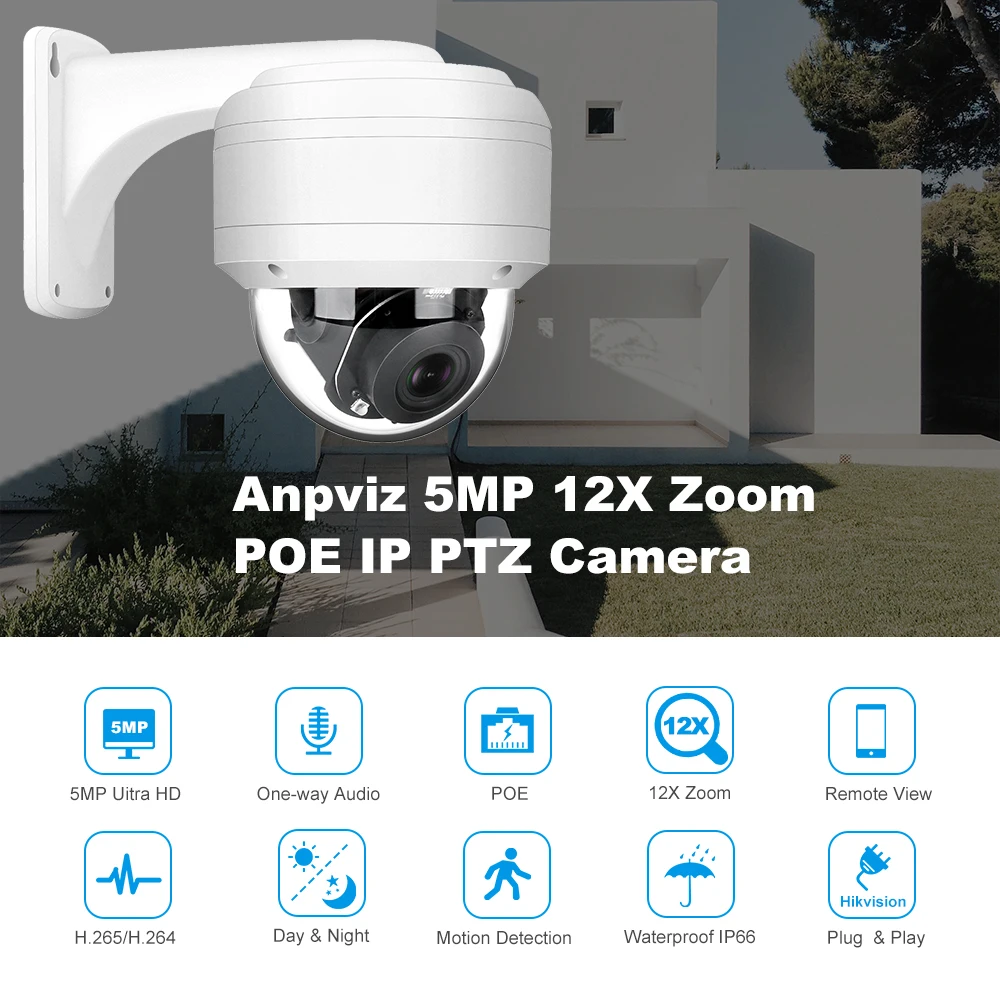 Anpviz-Caméra de surveillance extérieure PTZ IP PoE HD 5MP (30m), dispositif de sécurité sans fil, avec n\'aime x12 et microphone intégré et système