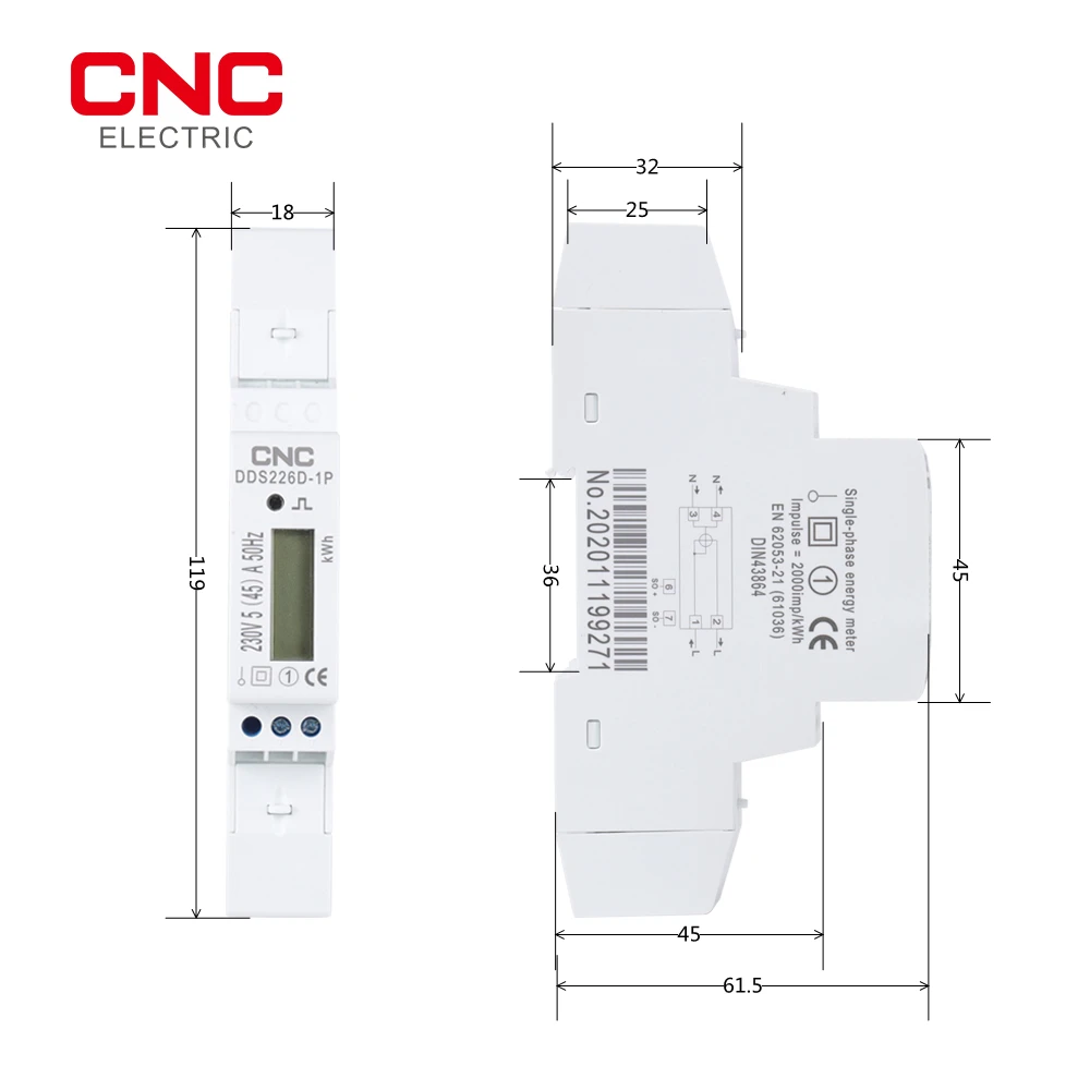 CNC DDS226D-1P LCD 35mm standard DIN rail installation 5(45)A 230V 50Hz Single-phase Din-rail Energy Meter KWH