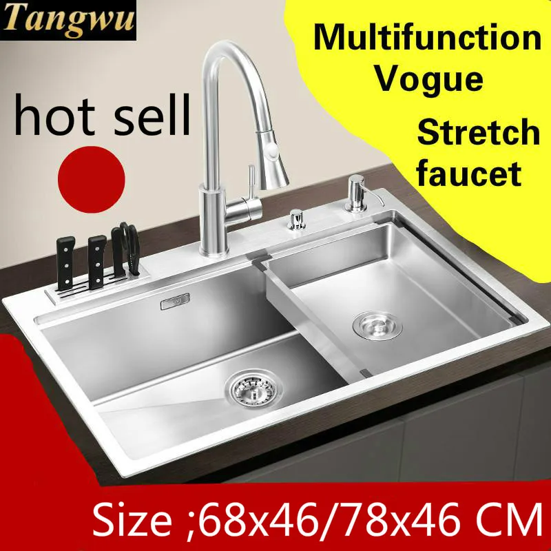 Free shipping Apartme multifunction Kitchen manual sink single trough stretch faucet 304 stainless steel hot sell 68x46/78x46 CM