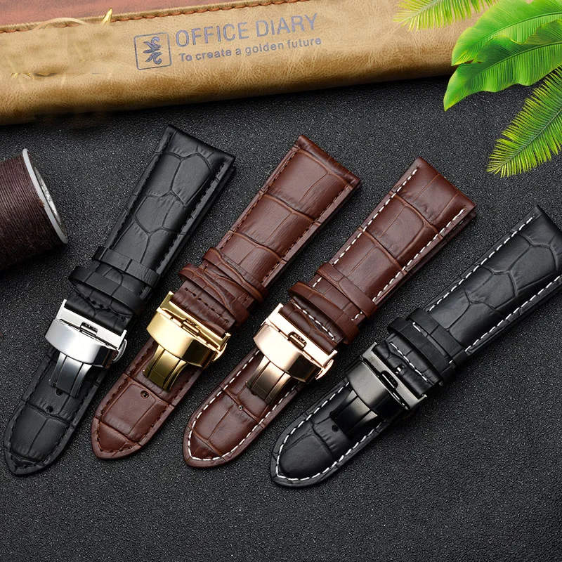 23mm 24mm 26mm 28mm big width Black brownButterfly clasp Mens Alligator Genuine Leather Watch Strap Band bracelets free shipping