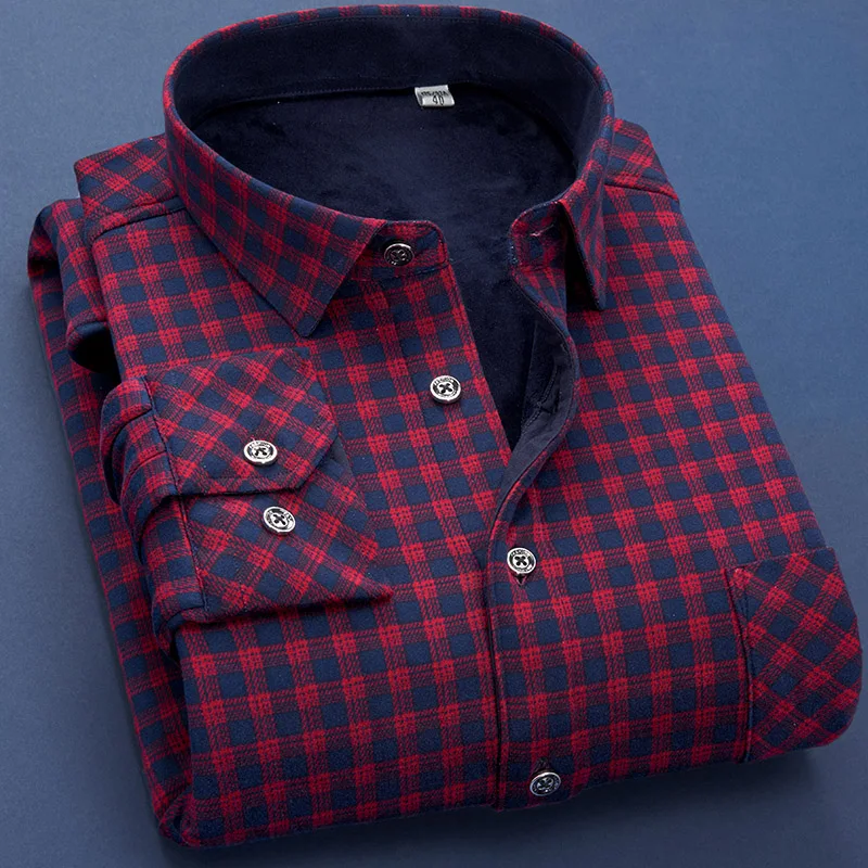 2024 Autumn Winter Men Fleece Warm Shirt Male Fashion Printing Long Sleeve Business Big Size Shirt Plaid Thick Warm Shirt M-6XL