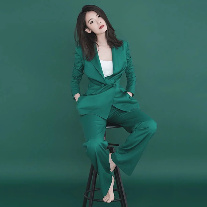 Style OL Fashion Blazer Women 2022 Spring Autumn Elegant Lapel Double Breasted Suit Jacket Green Pants Two Piece Set Female