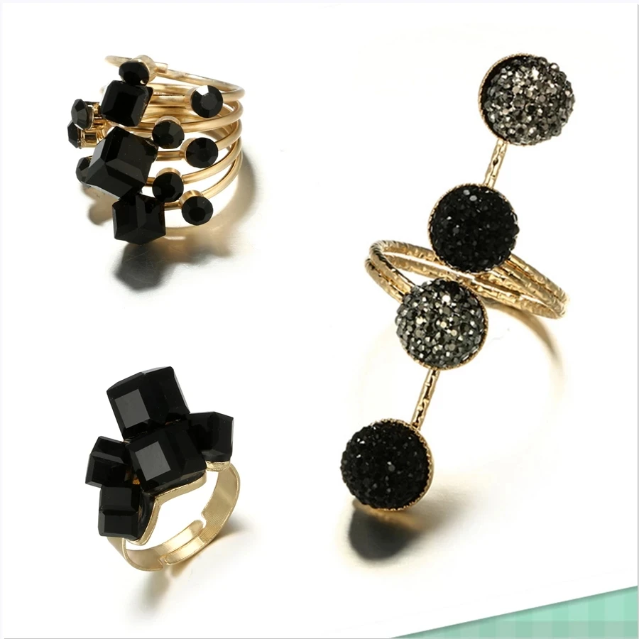 Bohemia Punk Antique Black Crystal Stone Opening  Rings Set For Women Men Adjustable Gothic Statement Party Jewelry Wholesale