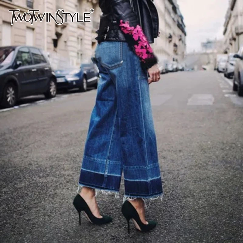 

TWOTWINSTYLE Loose Denim Wide Leg Pants For Women High Waist Hit Color Casual Jeans Female Fashion New Clothing 2021 Spring Tide