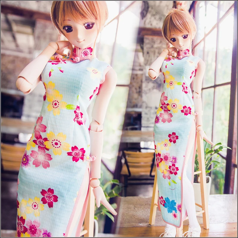 BJD Doll Clothes Chinese-Style Dress Blue Cheongsam chi-pao Printed Bodycon Elegant skirt Suitable for 1/3 DD Dy Can Custom doll