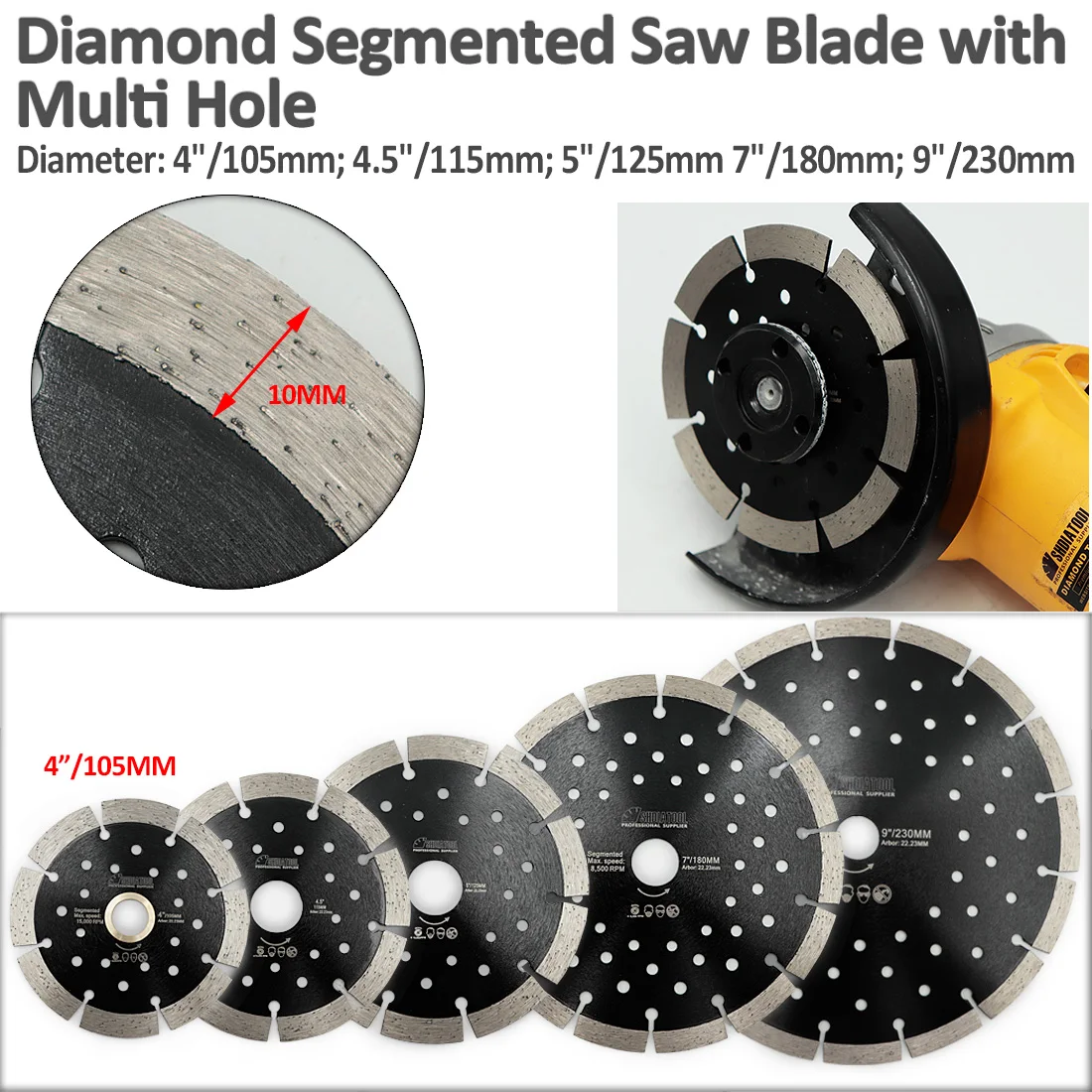 Shdiatool 1Pc Dia 4/4.5/5/7/9 "Diamant Gesegmenteerde Zaagblad Met Multi Gat Doorslijpschijf Voor Hard Materiaal Steen Keramische tegel