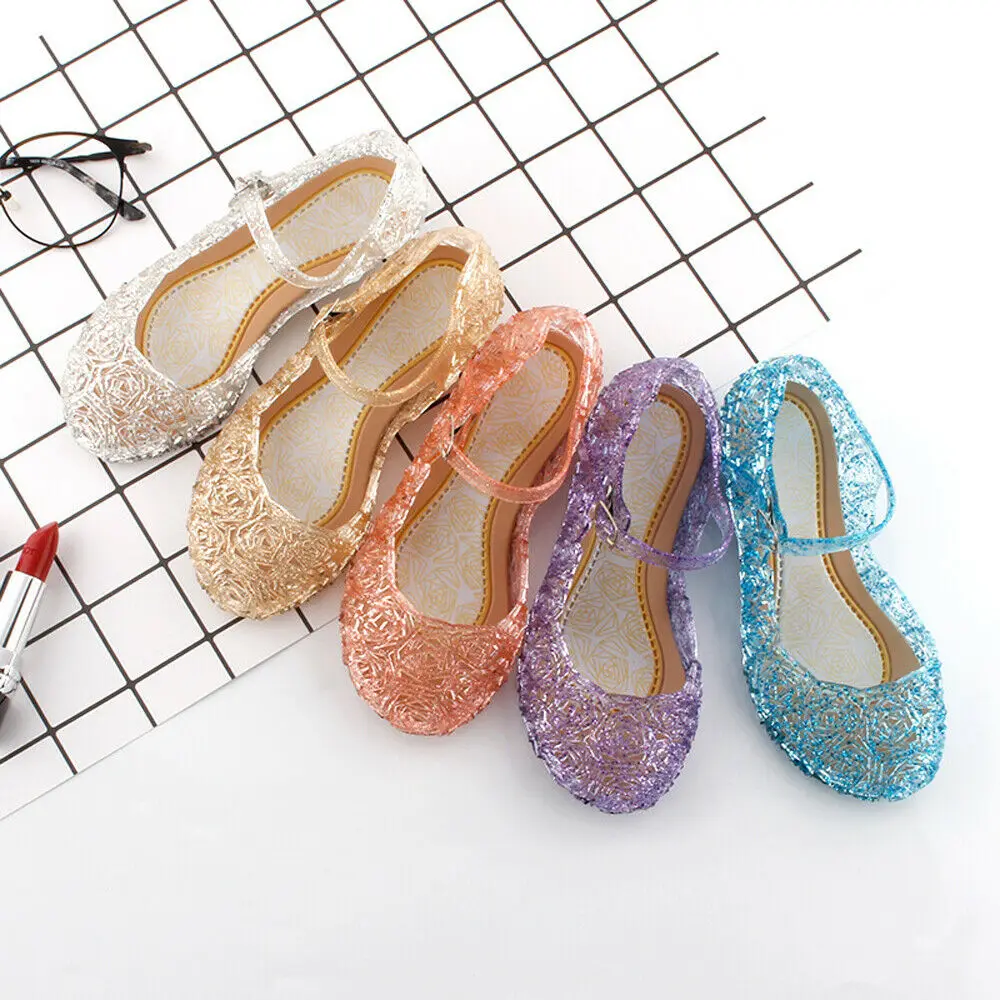 Girls Kids Summer Crystal Sandals Frozen Princess Jelly High-Heeled Shoes Princess Frozen Elsa Cosplay Party Dance Shoes