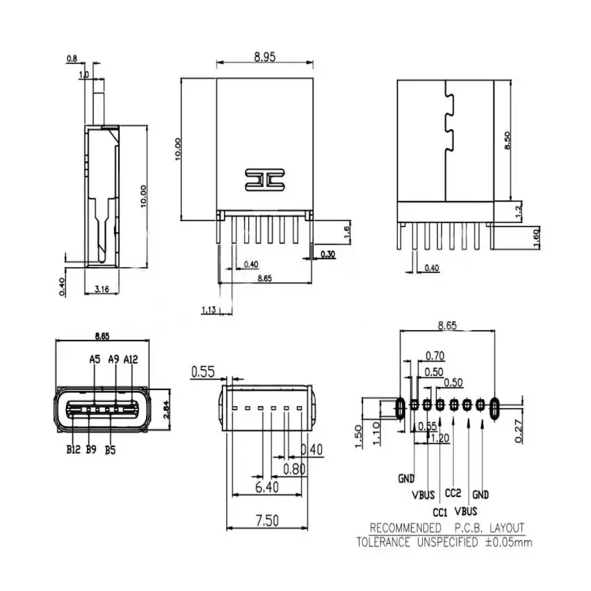 20Pcs 6Pin SMT Socket Connector Micro USB Type C 3.1 Female Placement SMD DIP For PCB Design PD high current Fast Charge H10MM