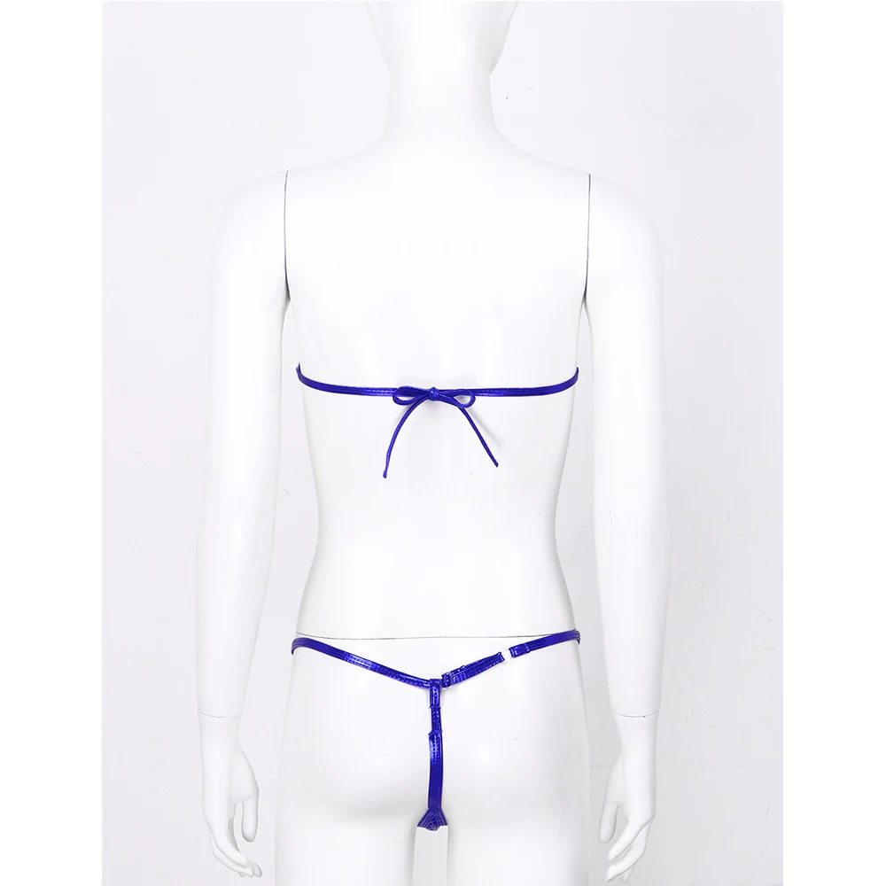 Tiaobug Vrouwen Glanzend Metallic Sexy Bikini Set Tie-Up Strapless Beha Mini Tops Met Thongs G-string Ondergoed Badmode Beachwear