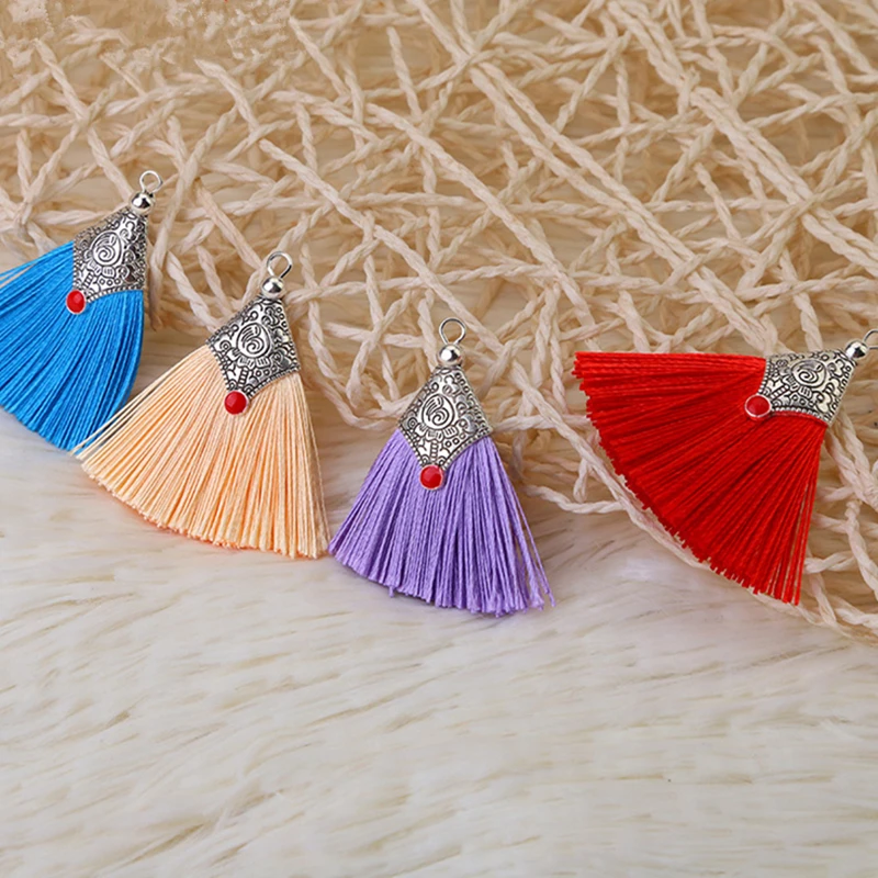 2-10Pcs Metal Caps Silk Tassel Fringe Pendant DIY Crafts Material Color Tassels Trim Curtains Decor Earrings Jewelry Components