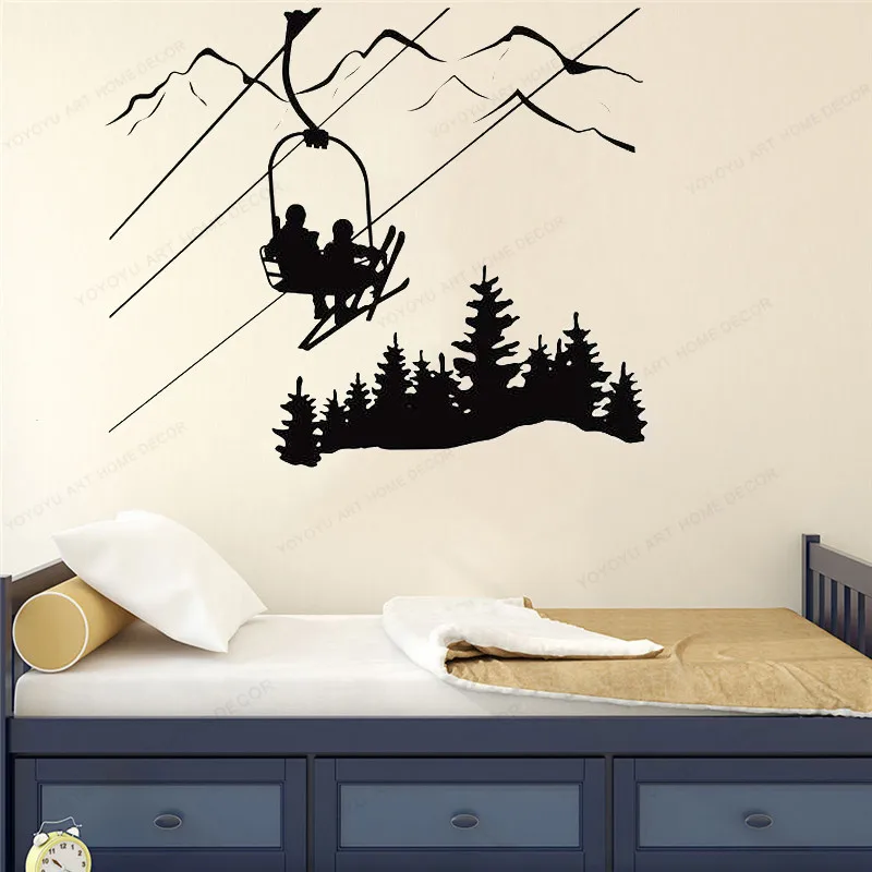 Winter Sports Wall Sticker Ski Lift Chair Mountain Pine Tree Wall Decal Downhill Art Mural Perfect for Skiing Wall Decor HJ1083