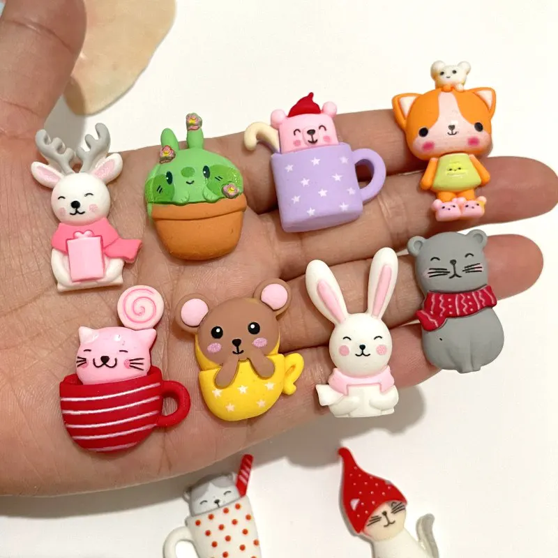 10Pcs/lots Cartoon Drink Cup Animal Resin Figurine Crafts Flatback Cabochon Ornament Jewelry Making Hairwear Accessories