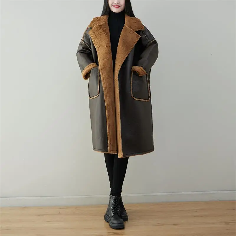 Female new winter Korean style with velvet long outerwear thick loose plus size PU coat