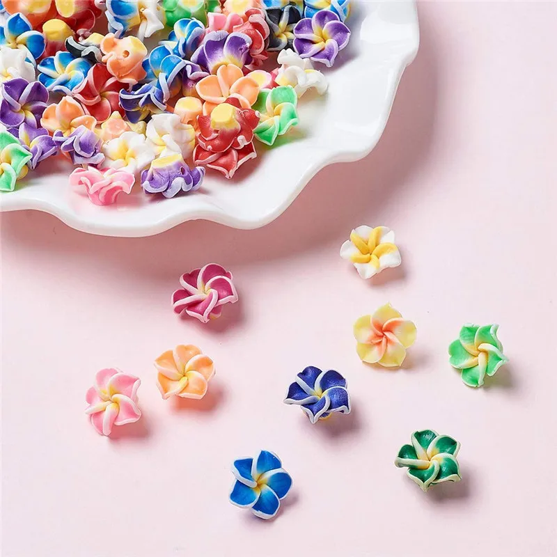 200pcs 12mm 15mm 20mm Handmade Polymer Clay 3D Flower Plumeria Beads DIY Jewelry Accessories Crafts Supplies Making Mixed Color