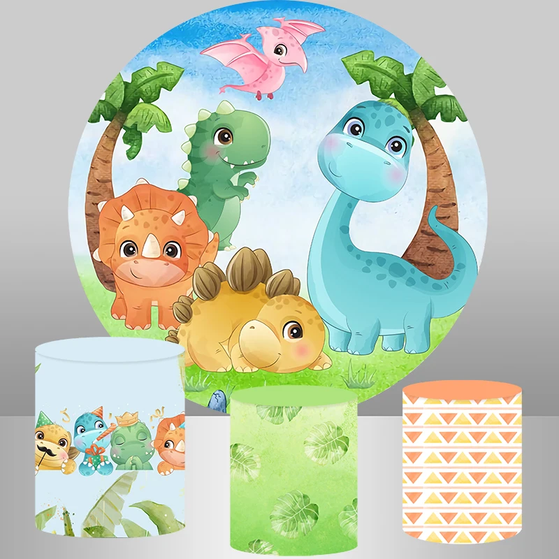 Fondo redondo de fiesta de dinosaurio de dibujos animados para niños, cubierta de fondo para fotografía de 1er cumpleaños, cubiertas de zócalo personalizadas