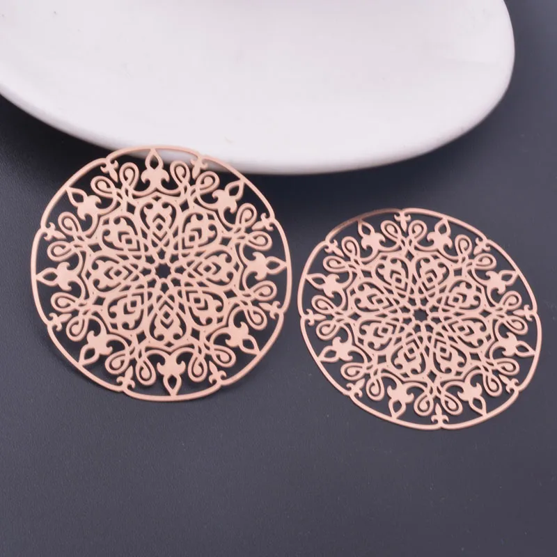 6pcs 45mm Rose gold Color laser cut Big Round Charms Silver Color Brass Hollowed out Jewelry Accessories