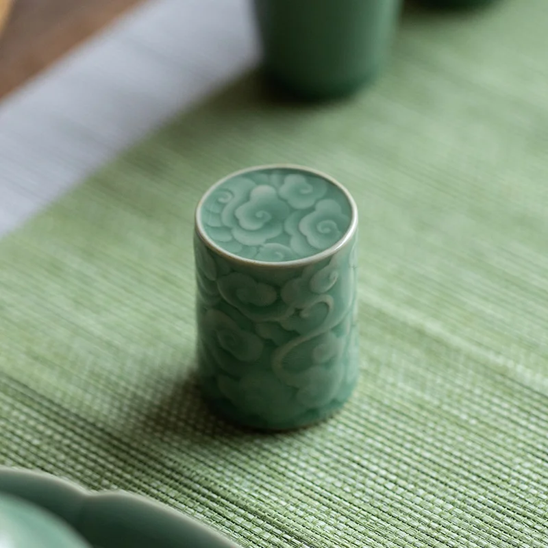 Yue Kiln Celadon Relief Auspicious Cloud Cover Base Ceramic Bracket Purple Clay Pot Lid Holder Household Kung Fu Tea Props