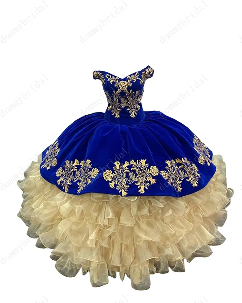 2023 Fashion Wine Royal Blue Navy Velvet Gold Embroidery Mexican XV Quinceanera Formal Dresses Off Shoulders