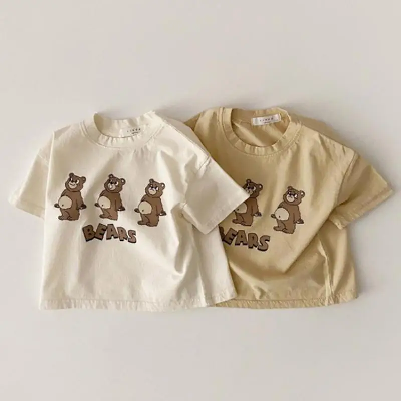 2024 Summer New Cute Bear Print T Shirt For Baby Kids Boys Girls Children Cotton Casual Short Sleeve Tops Toddler Soft Tee