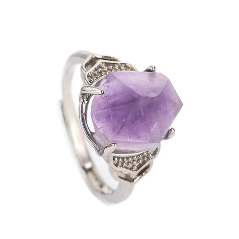 Natural Crystal Stone Ring Irregular Ladies Men Cure Amethyst Fluorite Silver Adjustable Quartz Ring