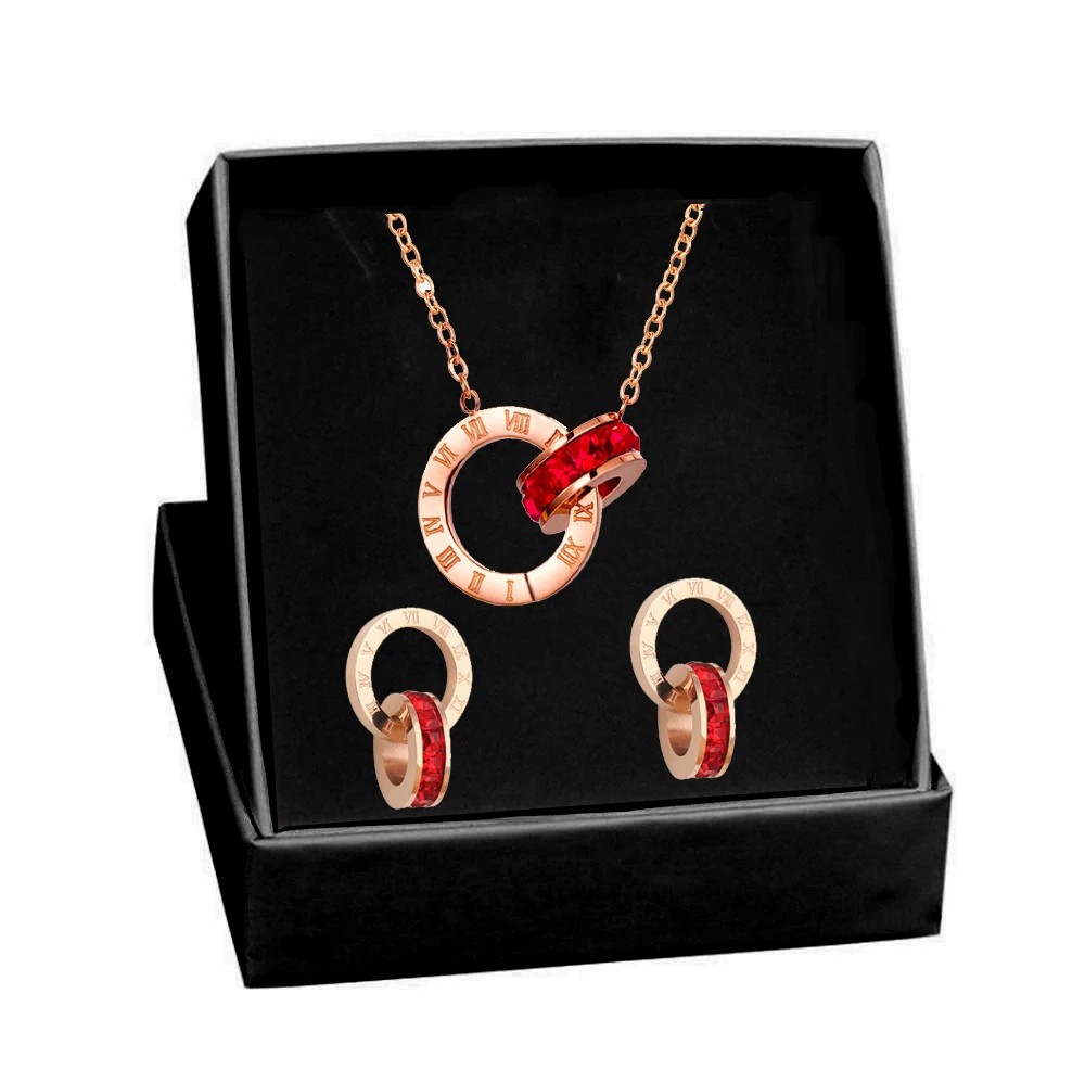 316L Stainless Steel Roman Numeral Double Circle Red Black Crystal Earrings Necklace Crystal Wedding Jewelry Set