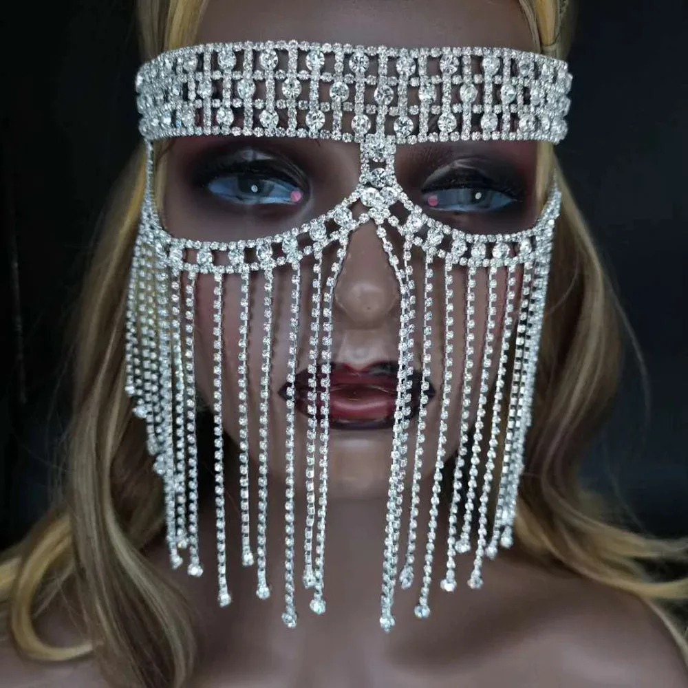 Luxury Belly Dance Rhinestone Long Tassel Face Veil Mask Jewelry for women Crystal Full Face Masquerade Mask Chain Accessories