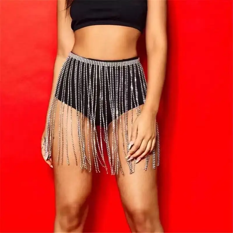 2021 luxury flash Rhinestone long tassel crystal skirt loose adjustable sexy women's summer beach bikini mini skirt accessories