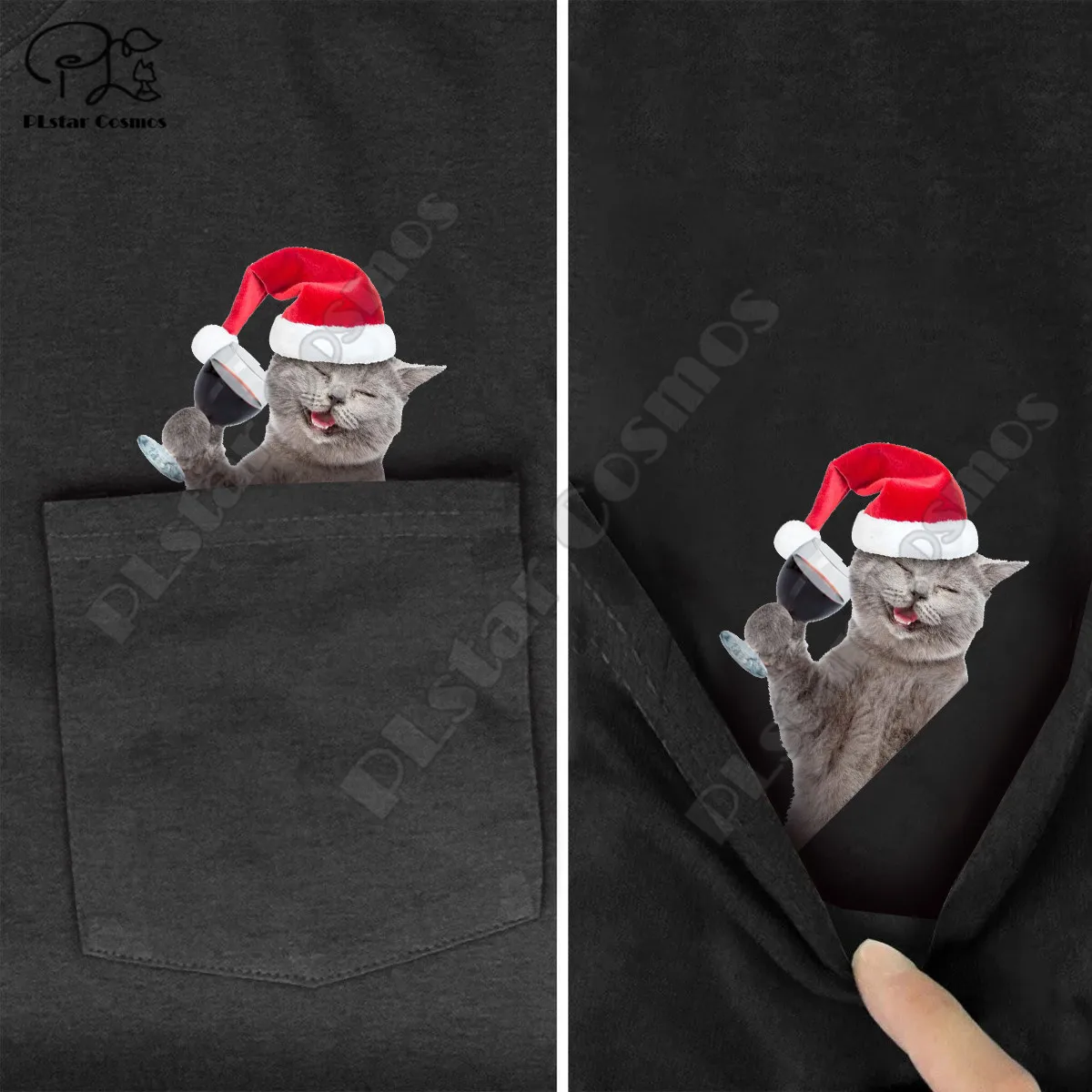 PLstar Cosmos T Shirt summer pocket Christmas wine cat printed t-shirt men women shirts tops funny cotton black tees style-17