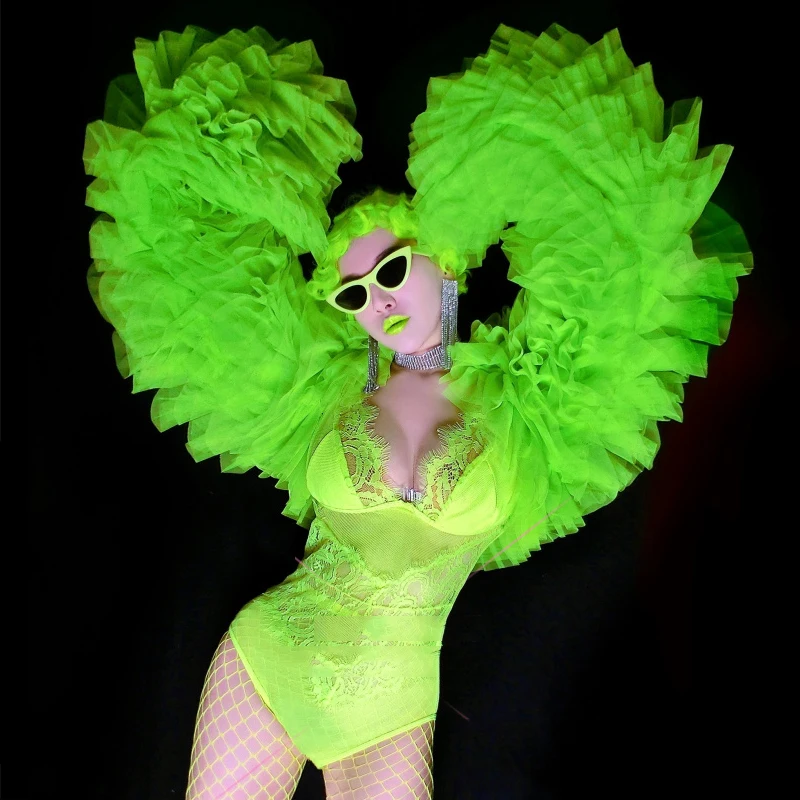 Fluoreszierender grüner Spitzen-Body Drag Queen Kostüme Retro Puffärmel Sexy Rave Outfit Nachtclub Gogo Tänzerin Kostüm DNV15155