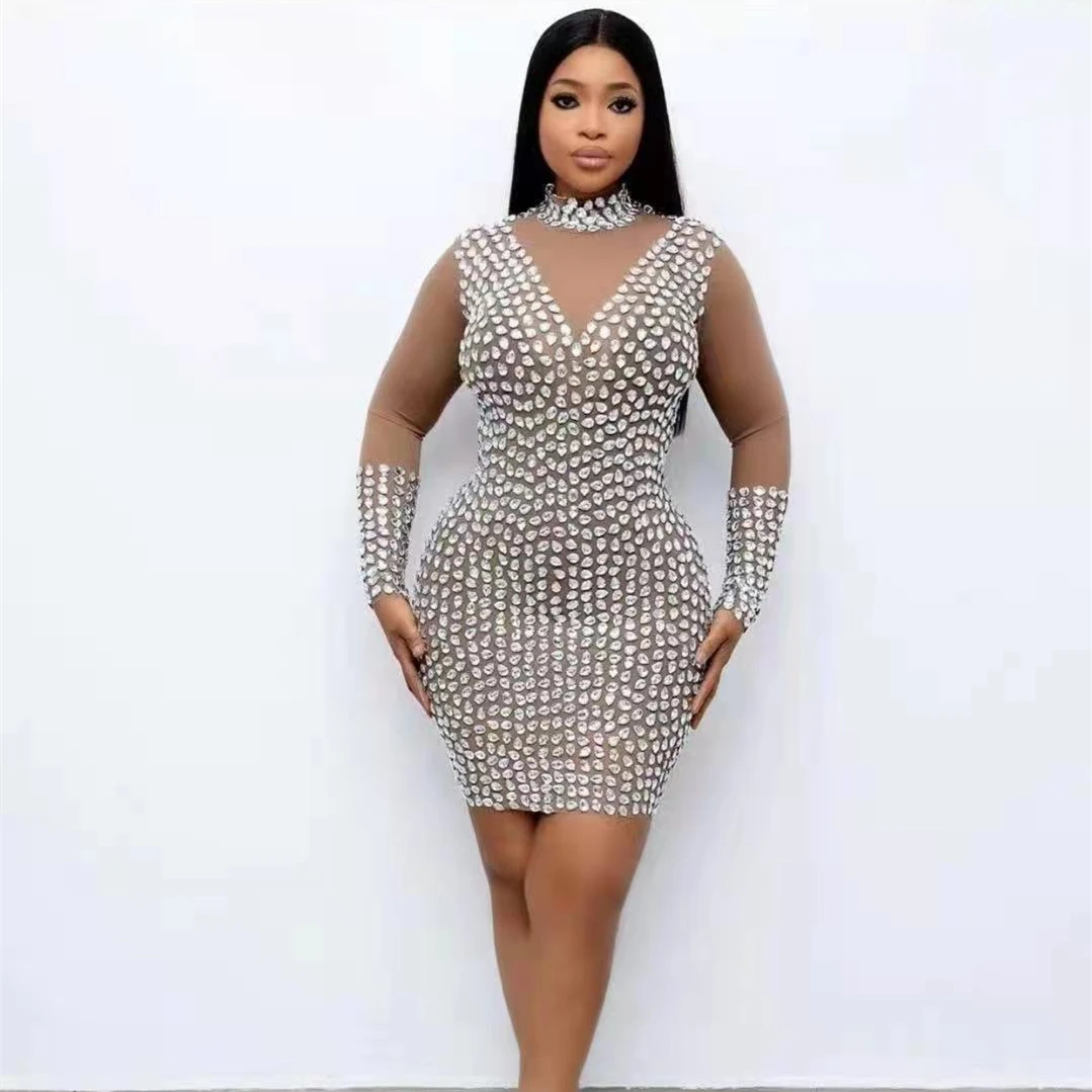 Shining Silver Rhinestones Turtleneck Dress Prom Evening Sexy Mesh Stage Costume Women See Through Birthday Long Sleeves Dresses