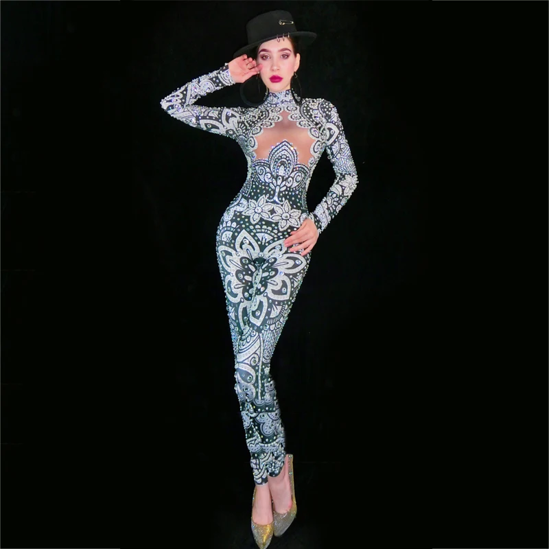 

Female Singer Fake Leaking Black Rhinestones Jumpsuit Women Stage Jazz Clothing Gogo Outfits Festival Rave Clothes XS2208