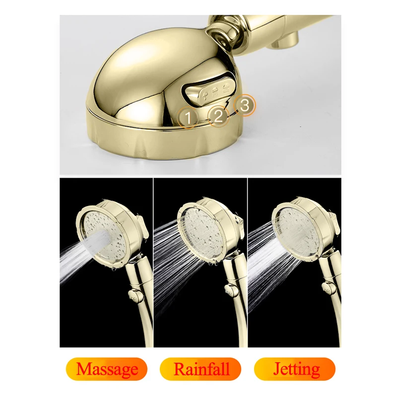 Zhangji 360 Degree Rotating Retro Golden Shower High Pressure 3 Modes with Stop Button Water Saving ABS Plastic Shower Head