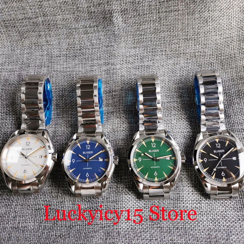 

BLIGER Brand 24 Jewels NH35A Movement Green/Blue Mechanical Men Watch Steel Bracelet Date Window Sapphire Crystal Seeing Back