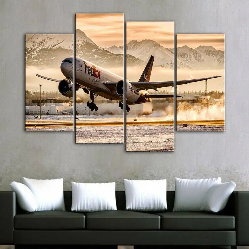 No Framed 4 Pcs Express Airplane Takeoff Airport Wall Art Canvas Posters Picture Paintings Home Decor for Living Room Decoration