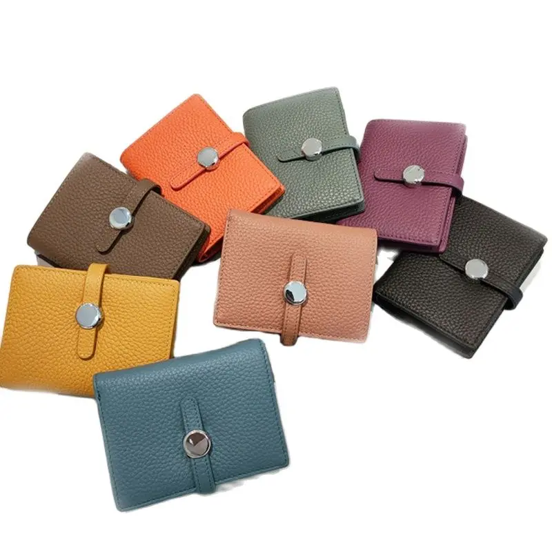 Luxury Brand Designer Short Wallet Womens Round Button Genuine Cow Leather Fashion Wallet Card Holder Coin Pocket Purse Ladies