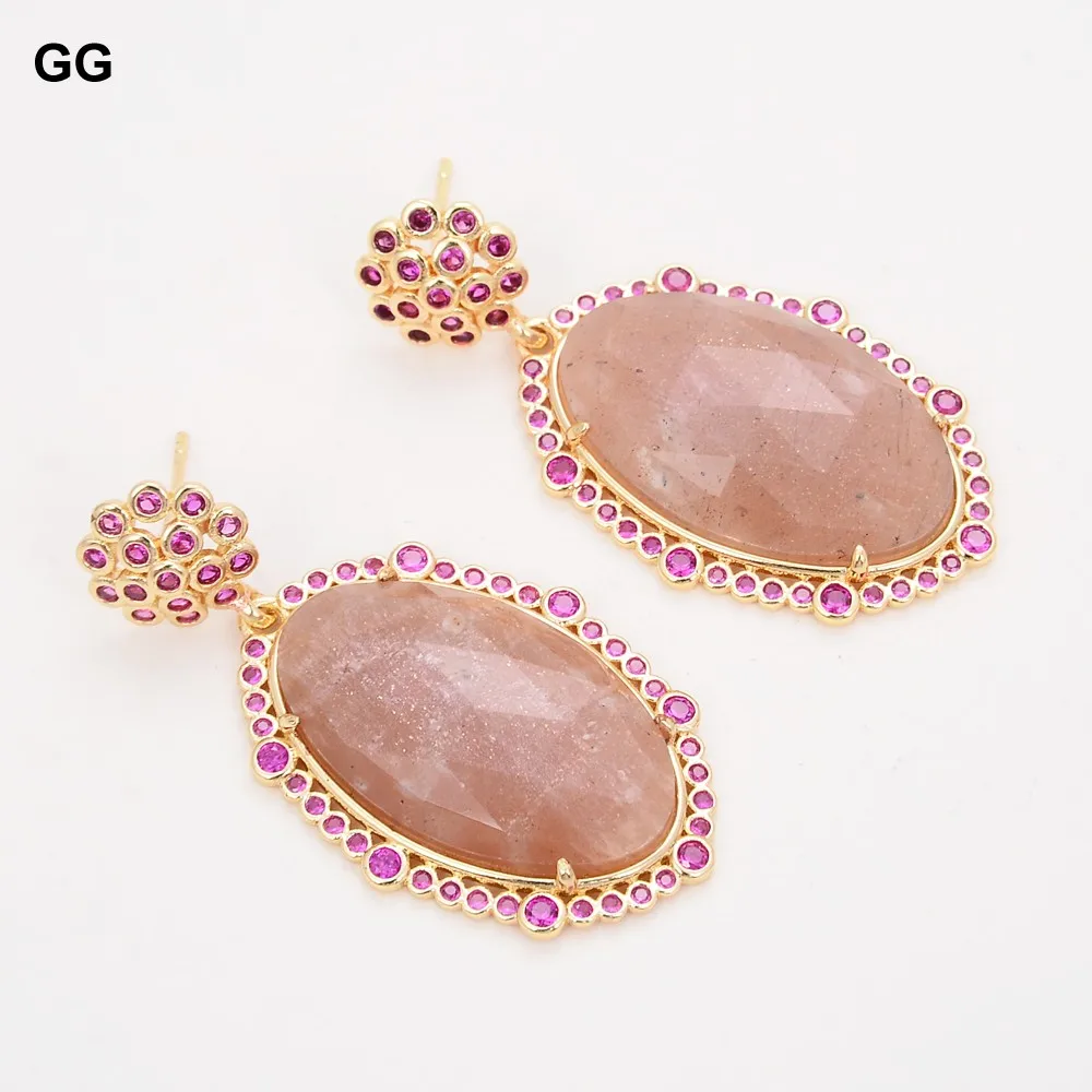 

GuaiGuai Jewelry 22x33mm Faceted Oval Sunstone Cz Pave stud Earrings