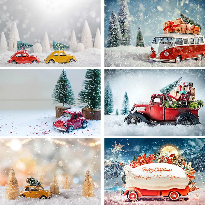 

Winter Merry Christmas Red Car Photography Backdrop Snow Tree Snowflake Happy New Year Baby Toy Portrait Background Photo Studio