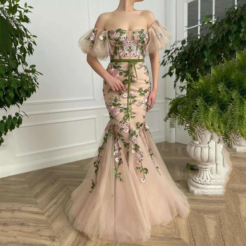 Champagne Lace Evening Dresses Mermaid Women Formal Special Occasion Gowns Green Belt Long Prom Dress 2021 with Sleeves