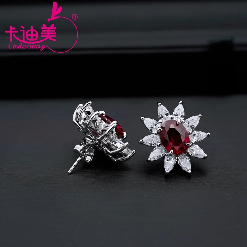 Cadermay Trendy Flower Design 925 Sterling Silver Earrings Luxury Oval Ruby with Pear Moissanite Ear Studs for Women Girls Gifts