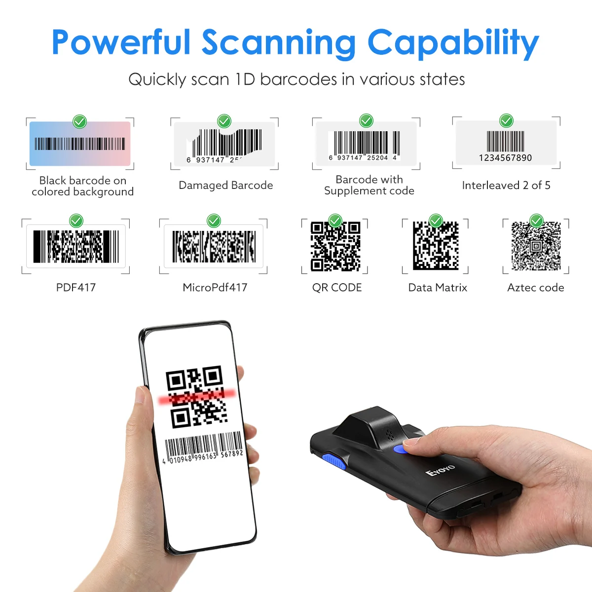 Eyoyo 2D Phone Back Clip Bluetooth Barcode Scanner Portable Barcode Reader Data Matrix Code 1D 2D QR Scanner Android IOS System