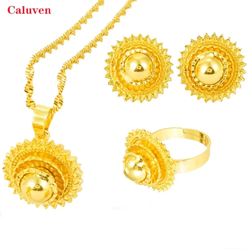 Ethiopian Necklace Earrings Ring Set African Bridal Jewellery sets Habesha Eritrea Wedding Small Jewelry set Dubai Jewelry