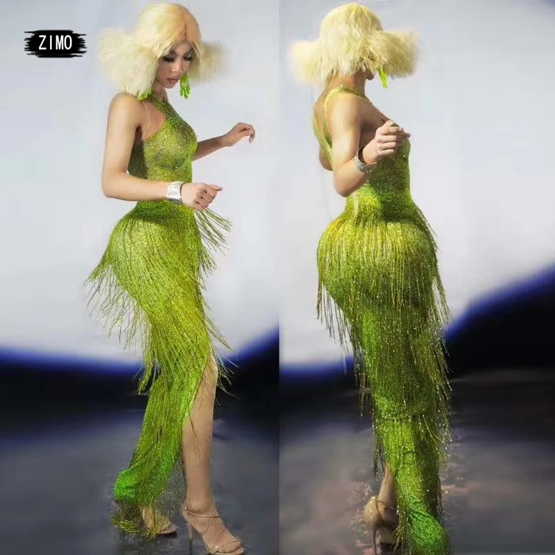 custom Fashion Tassel rhinestones Dress Green Fringe Evening Birthday party Celebrate club Stage Women DS Singer dance costumes