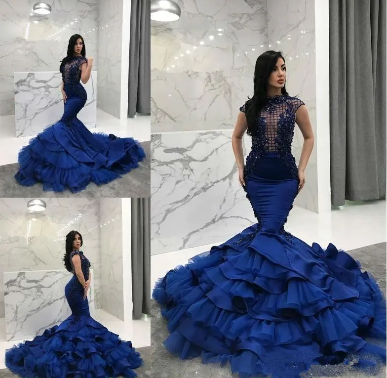 Mermaid Prom Dresses 2020 Formele Avondjurken Lace Applique Tiered Ruches Kralen Vestidos De Festa Formele Party Prom Dress